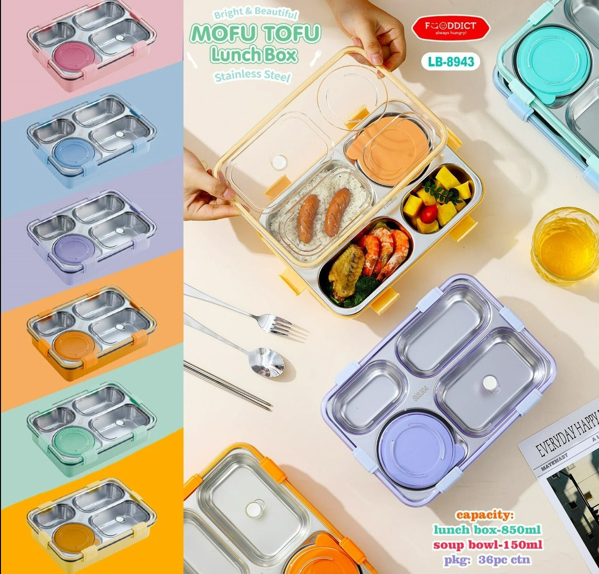 1pc 850ml Portable Kids' Lunch Box With Four Buckle Locks