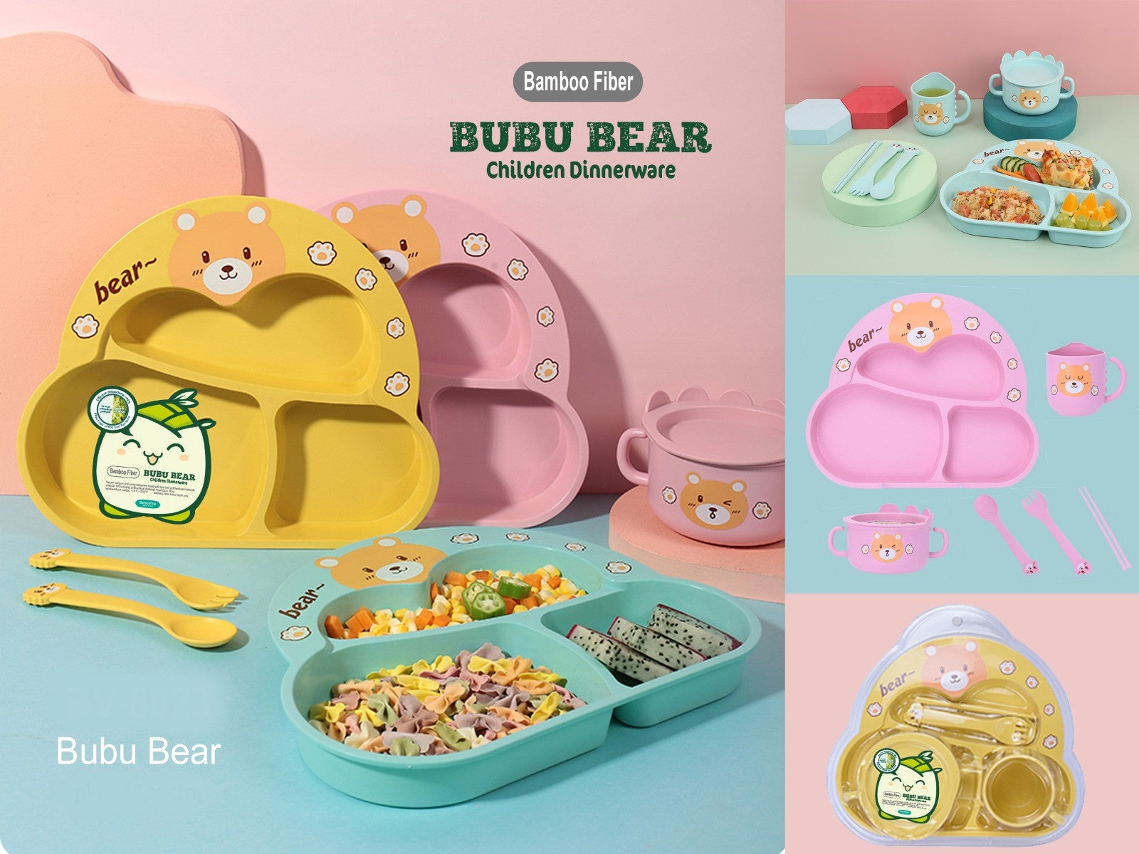 Adorable and Eco-Friendly Bear-themed Bamboo Fiber Feeding Set for Kids