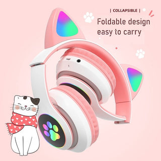 Meow Kids Wireless Headset: Cute Cat Theme with RGB Lights, High-Quality Sound TF Card for kids