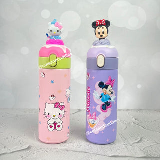 Cute Cartoon Silicone Topper Insulated Vacuum Sipper Water Bottle for Kids - 500ml