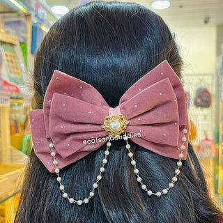 Velvet Bow Design Alligator Hair Clip with Chain (1pcs)