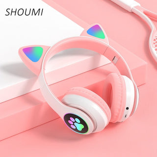 Meow Kids Wireless Headset: Cute Cat Theme with RGB Lights, High-Quality Sound TF Card for kids