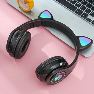 Meow Kids Wireless Headset: Cute Cat Theme with RGB Lights, High-Quality Sound TF Card for kids