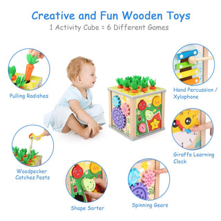 6-in-1 Treasure Chests Wooden Activity Cube for Kids