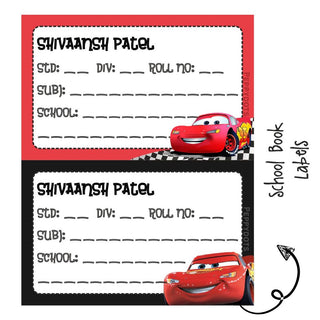 School Book Labels - 95 Car - Pack of 36 labels - PREPAID ONLY