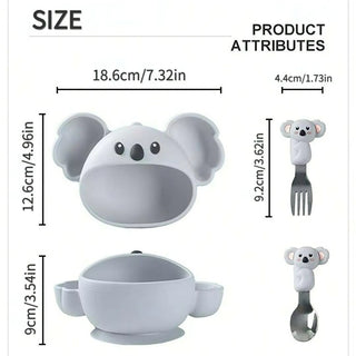 Koala Bear Design Silicone Bowl with Spoon and Fork (Grey)