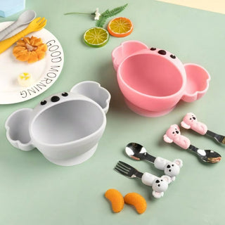 Koala Bear Design Silicone Bowl with Spoon and Fork (Grey)