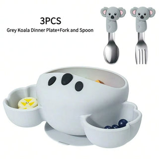 Koala Bear Design Silicone Bowl with Spoon and Fork (Grey)