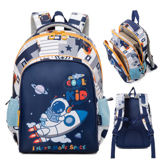 Astro on Rocket Design Backpack for Kids (White-Navy Blue)