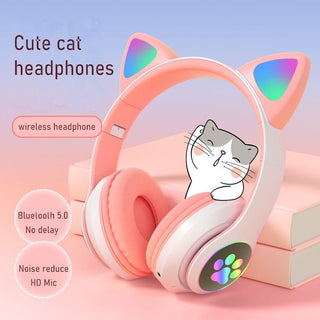 Meow Kids Wireless Headset: Cute Cat Theme with RGB Lights, High-Quality Sound TF Card for kids