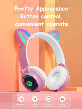 Meow Kids Wireless Headset: Cute Cat Theme with RGB Lights, High-Quality Sound TF Card for kids