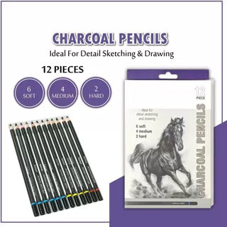 Black Charcoal Pencil Set: Soft, Medium, Hard Grades (12 Pieces)