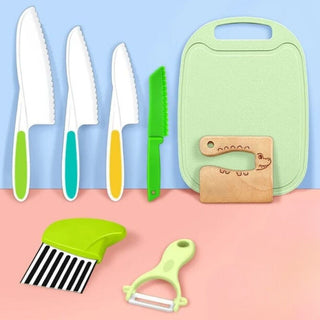 Plastic Knife Set with Toddler Knife, Peeler, Cookie Cutter, and Cutting Board (Random Color)