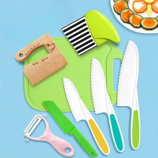 Plastic Knife Set with Toddler Knife, Peeler, Cookie Cutter, and Cutting Board (Random Color)