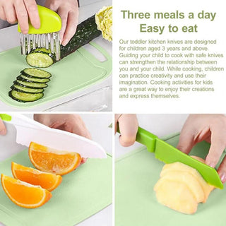 Plastic Knife Set with Toddler Knife, Peeler, Cookie Cutter, and Cutting Board (Random Color)