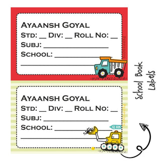 School Book Labels - Cute Construction Vehicles - Pack of 36 labels PREPAID ONLY