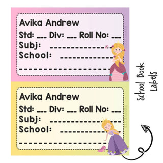 School Book Label - Cute Princess - Pack of 36 labels - PREPAID ONLY