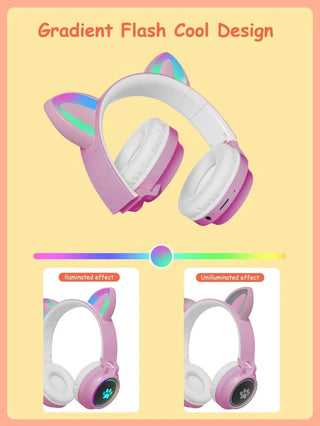 Meow Kids Wireless Headset: Cute Cat Theme with RGB Lights, High-Quality Sound TF Card for kids