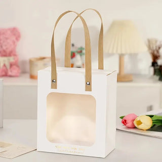 Pack of 10| Portable Paper Gift Bag with Transparent Window (White) | 3 Sizes Available