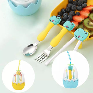 Dinosaur Design Stainless Steel Cutlery Set with Egg-Shaped Case (Blue)