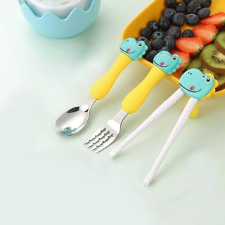 Dinosaur Design Stainless Steel Cutlery Set with Egg-Shaped Case (Blue)