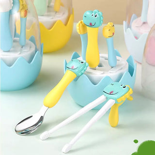 Dinosaur Design Stainless Steel Cutlery Set with Egg-Shaped Case (Blue)