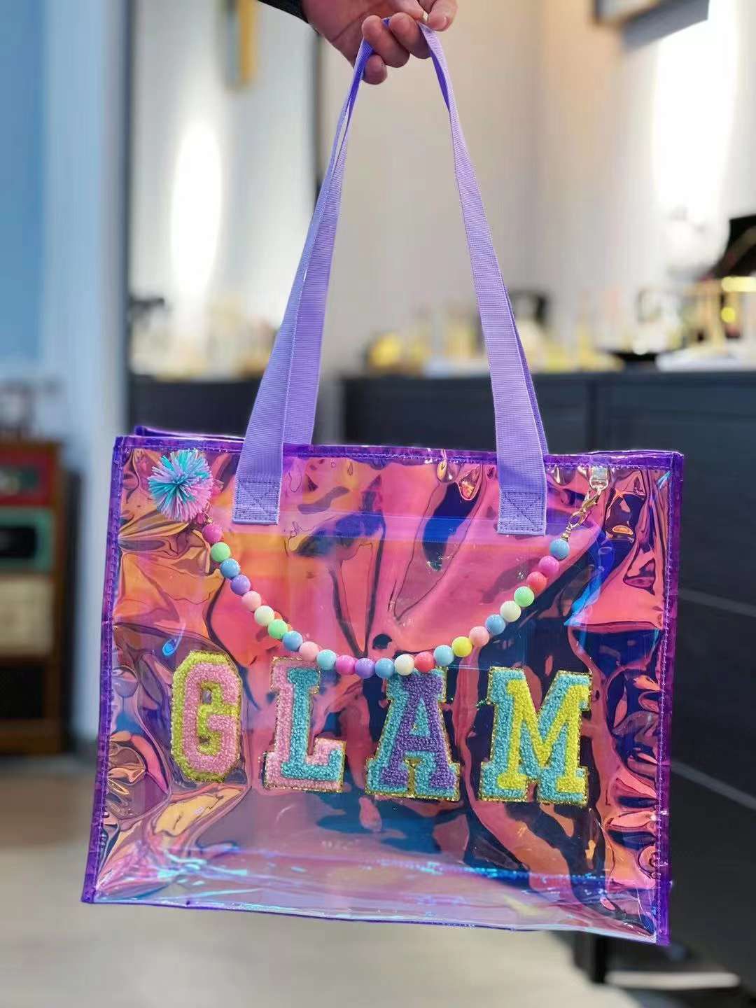 Pink holographic store tote bag