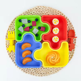 Puzzle Design Silicone Suction Plate with Cutlery for Toddler
