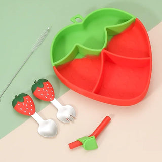 Strawberry Theme Silicone Dinner Plate Set for Kids (RED)