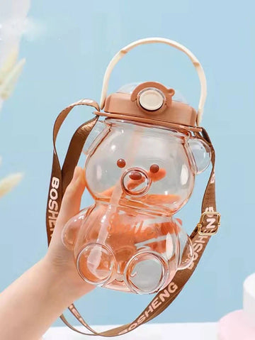 Kawaii Bear Straw Bottle Large capacity bear water bottle with Strap and  Straw Cute Portable Bear shaped water Bottle Adjustable Removable Strap for  outdoor and school activities(blue)