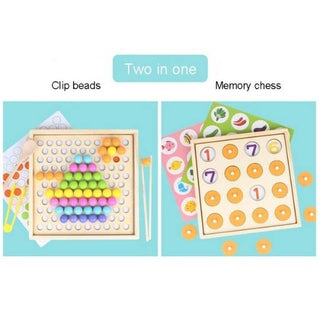 2 in 1 Wooden Board Bead Game with Rainbow Beads, Clip, Chopsticks, Shovel, Storage Bowl + Memory Game