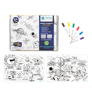 Doodle Placemats Travel Set – SPACE Series with A4 Size 2 Doodle Sheets, 6 Fine Tip, Wet Erase DIY Marker Pens