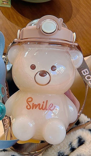 Cute Bear Shaped Water Bottle with Straw and Strap - 1000ml