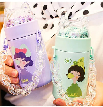 Dream Lifestyle 420ml Cute Cat Travel Tumbler Mug, Double Walled Glitter Cup with Straw for Girls, Plastic Watter Bottle for Ice Coffee Drinkware