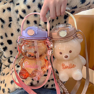 Cute Bear Shaped Water Bottle with Straw and Strap - 1000ml